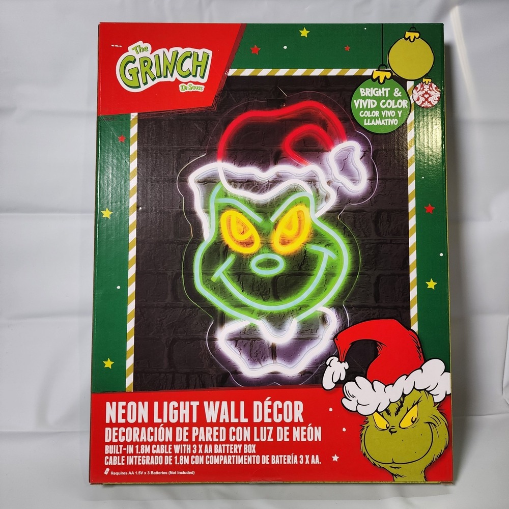 NEW Grinch Neon Light Wall Hanging Battery Operated Wreath Dr Seuss Christmas